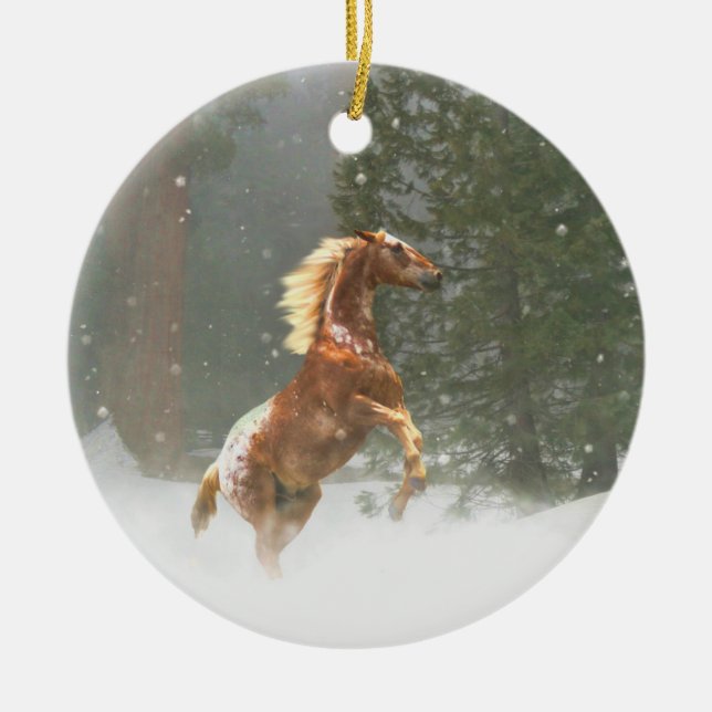 Ornamento De Cerâmica Belo Cavalo Appaloosa em Criação na Neve (Frente)