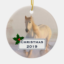 Ornamento De Cerâmica Belo Cavalo Branco Galopando na Neve