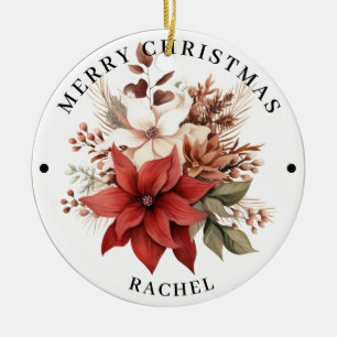Ornamento De Cerâmica Belo Floral Vermelho e Branco Feliz Natal