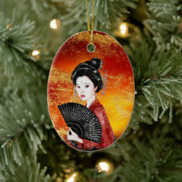 Ornamento De Cerâmica Belo Geisha Japonês Dourado, Natal Vermelho