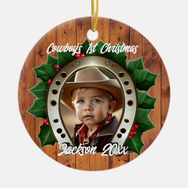 Ornamento De Cerâmica Belo Holly e Ferradura Primeiro Natal (Frente)