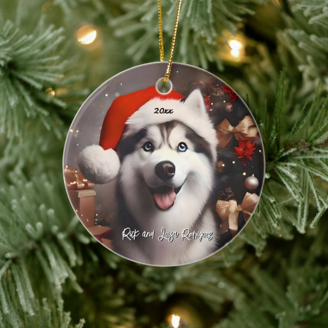 Ornamento De Cerâmica Belo Husky Siberiano com Santa Hat (Árvore)