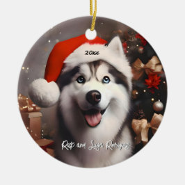 Ornamento De Cerâmica Belo Husky Siberiano com Santa Hat