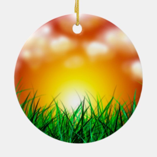Ornamento De Cerâmica Belo nascer do sol sobre um campo de grama (Traseira)