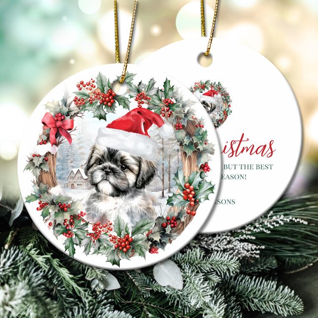 Ornamento De Cerâmica Belo Natal, merda de cachorro malandro Noel (Cute Christmas shih tzu dog puppy Santa hat Ceramic Ornament)