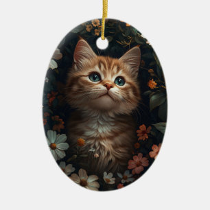 Ornamento De Cerâmica Belo Orange Kitten com flores selvagens
