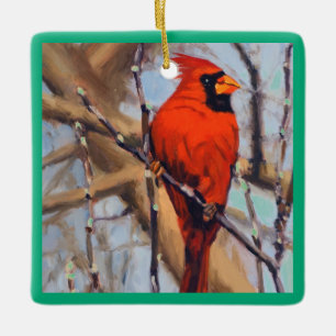 Ornamento De Cerâmica Belo Pássaro Cardinal Vermelho na Árvore