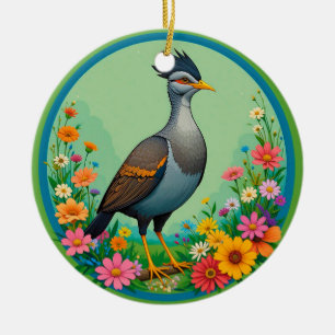 Ornamento De Cerâmica Belo Pássaro Exótico Descansando Entre Flores Colo