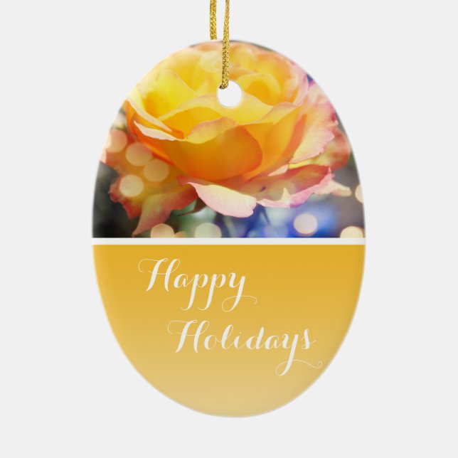 Ornamento De Cerâmica Belo rico amarelo rosa Feliz feriado (Verso)