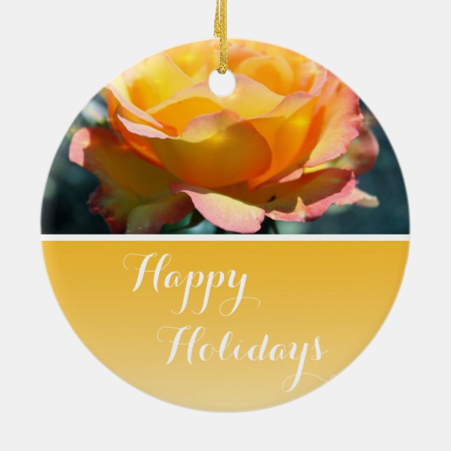 Ornamento De Cerâmica Belo rico amarelo rosa Feliz feriado (Traseira)