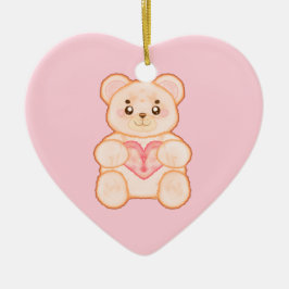 Ornamento De Cerâmica Belo Urso Dia de os namorados Com Coração Vermelho