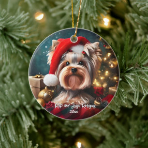Ornamento De Cerâmica Belo Yorkshire Terrier com Santa Hat
