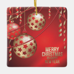Ornamento De Cerâmica Belos Bolas de Natal Vermelhas e Douradas Quadrada