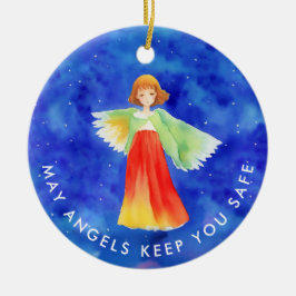 Ornamento De Cerâmica Bênçãos Coloridas do Anjo Guardião Aquarela Azul