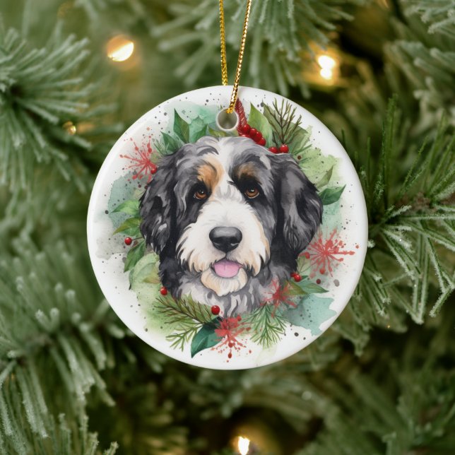 Ornamento De Cerâmica Bernedoodle Christmas Wreath Festivo Pup (Árvore)