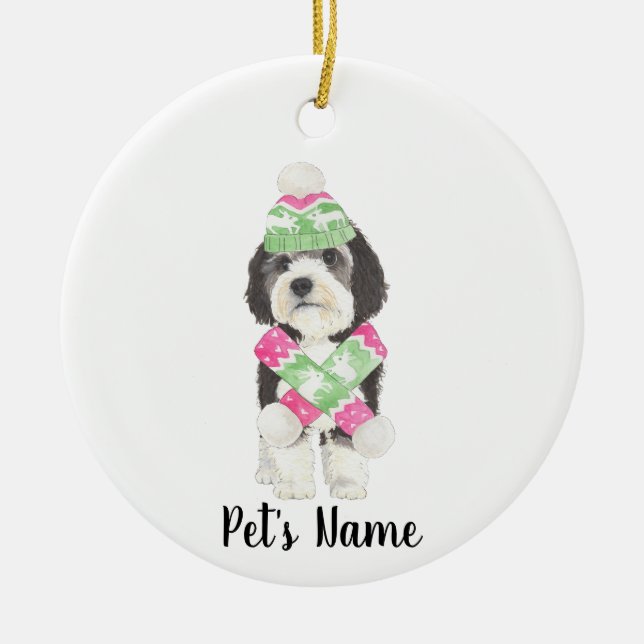 Ornamento De Cerâmica Bernedoodle Pink Personalizado e Natal Verde (Frente)