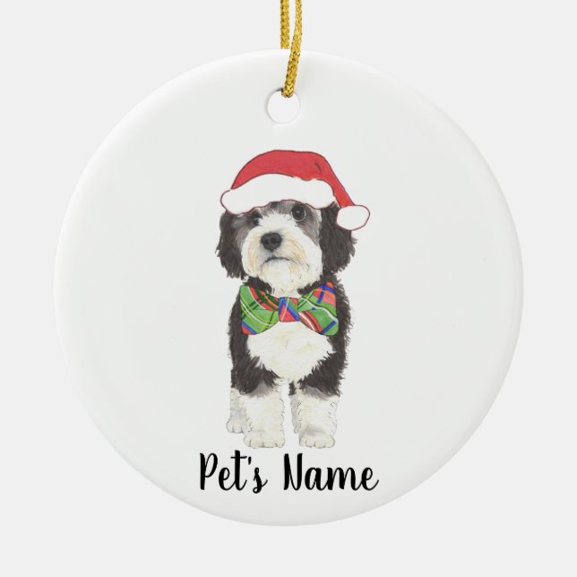 Ornamento De Cerâmica Bernedoodle Santa Hat e Bowtie personalizados (Frente)