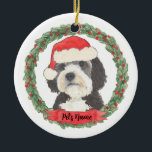 Ornamento De Cerâmica Bernedoodle Santa Hat personalizado<br><div class="desc">Estou apaixonado por esta ilustração de uma cinza, preto, e berneodle branco ou sheepadoodle, lindamente detalhada, em aquarela, em um chapéu doce de santa! Personalize-os e faça uma lista agradável este ano! Para os presentes perfeitos, junte-os a um item correspondente da coleção para um cuidadoso e pensativo aquecimento doméstico, chá...</div>