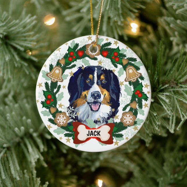 Ornamento De Cerâmica Bernese Mountain Dog Christmas Dog Cookie Wreath (Árvore)