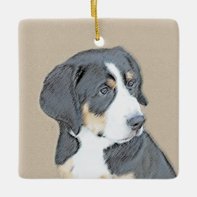 Ornamento De Cerâmica Bernese Mountain Dog Puppy Painting - Arte Origina (Frente)