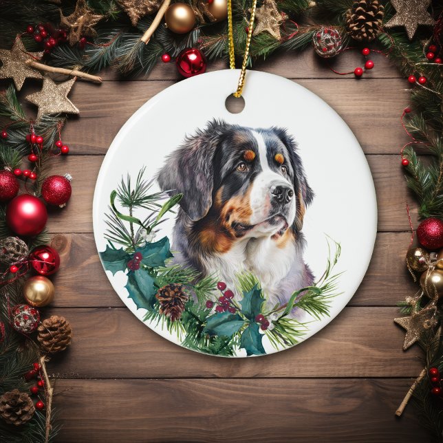 Ornamento De Cerâmica Bernese Mountain Dog - Retrato Holly Wreath (Criador carregado)