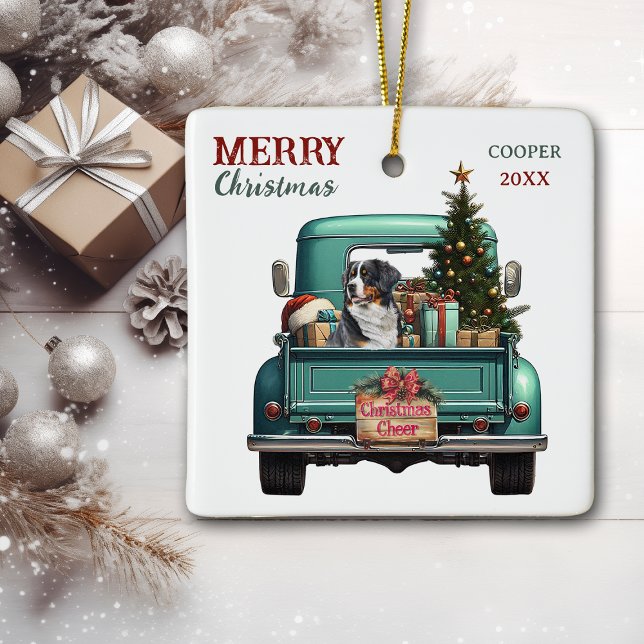Ornamento De Cerâmica Bernese Mountain Dog Retro Truck Christmas (Criador carregado)