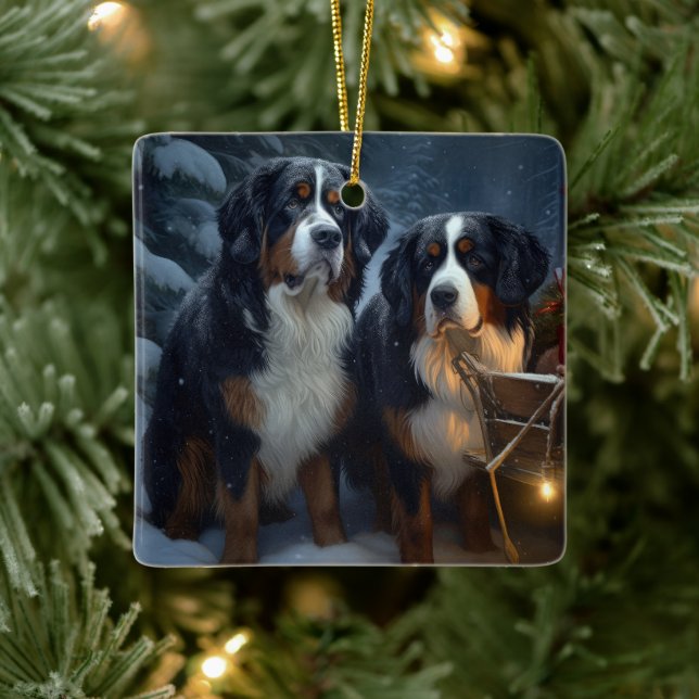 Ornamento De Cerâmica Bernese Mountain Snowy Sleigh Decência de Natal (Árvore)