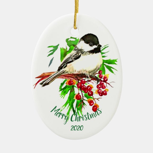 Ornamento De Cerâmica Berries vermelhos de frango de Natal com data pers (Frente)