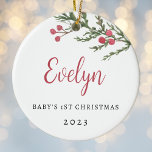Ornamento De Cerâmica Berry Branch Baby Primeira Foto de Natal<br><div class="desc">Primeiro ornamento de Natal personalizado,  com ramificação rústica de morango vermelho-aquarela,  com nome personalizado,  ano e foto.</div>
