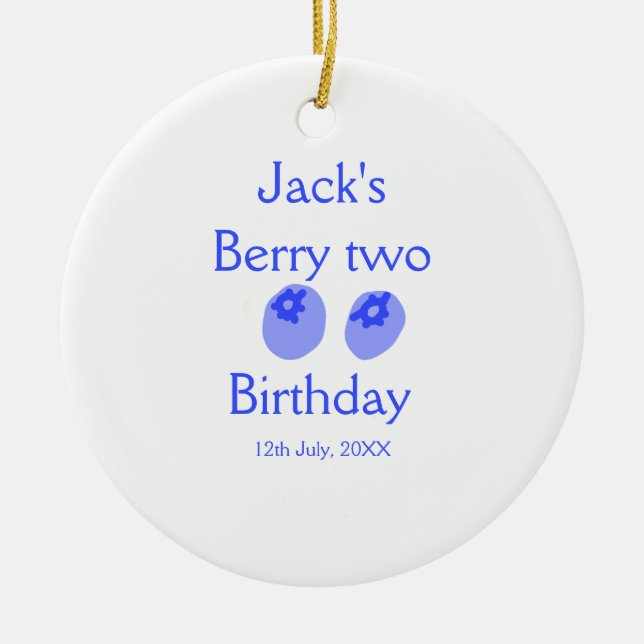 Ornamento De Cerâmica Berry two birthday blue berry add name date kids r (Frente)