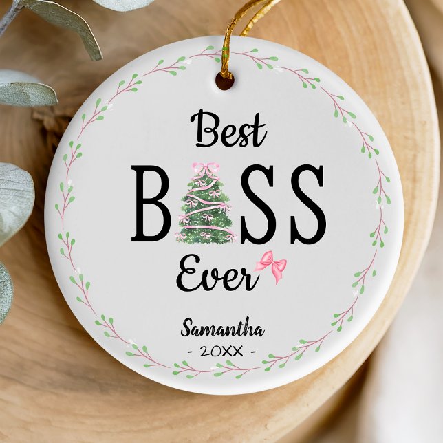 Ornamento De Cerâmica Best boss ever coworker wreath christmas tree (Criador carregado)