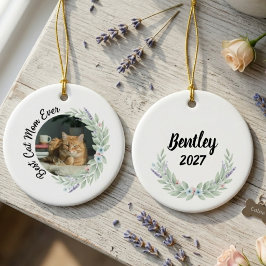 Ornamento De Cerâmica Best Cat Mom Ever Floral Wreath Pet Photo Ornament