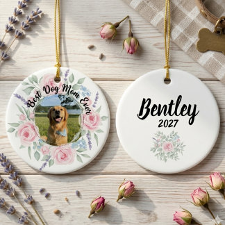 Ornamento De Cerâmica Best Dog Mom Floral Wreath Watercolor Keepsake