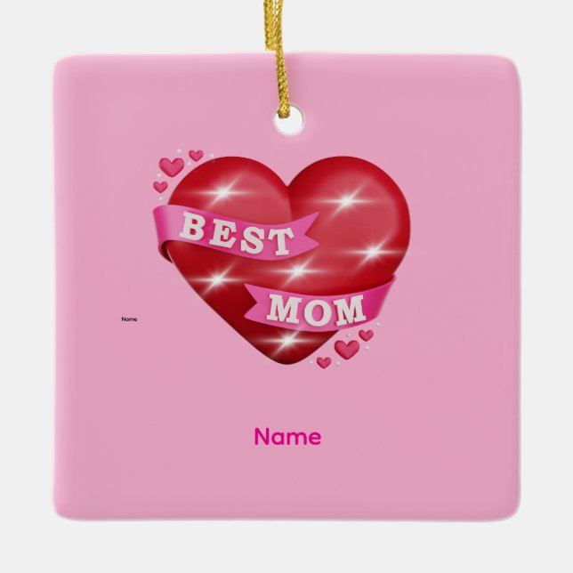 Ornamento De Cerâmica Best Mom 3D Glossy Red Heart Mother's Day Gif (Frente)