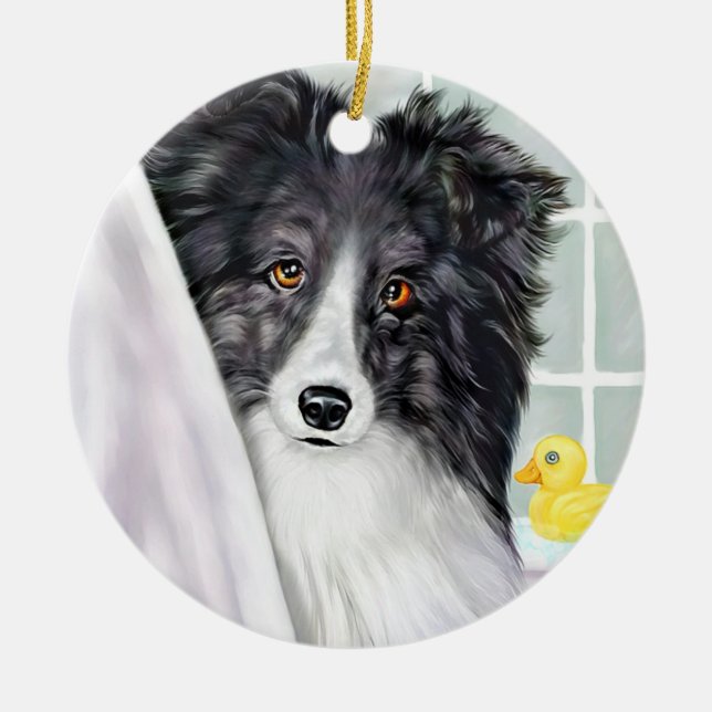 Ornamento De Cerâmica Bi Black Sheltie Bath (Frente)