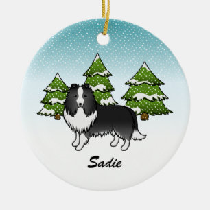 Ornamento De Cerâmica Bi-Black Sheltie Cartoon Dog Em Inverno E Nome