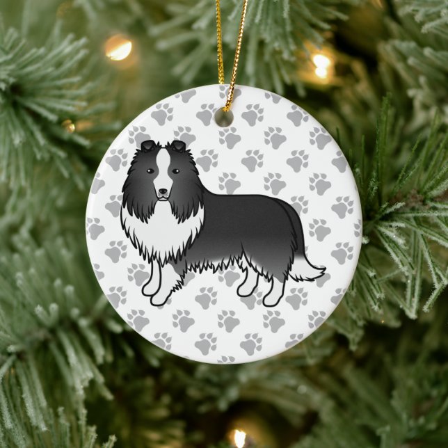 Ornamento De Cerâmica Bi-Black Shetland Sheepdog Cartoon Dog & Paws (Árvore)