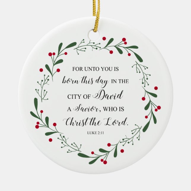 Ornamento De Cerâmica Bíblia de Natal Cristã Verse Jesus Salvador Luke (Frente)