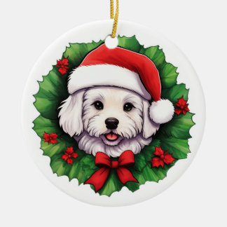 Ornamento De Cerâmica Bichon Frise Christmas Wreath