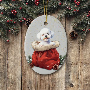 Ornamento De Cerâmica Bichon Frise de Cachorro Bonito Saco de Natal