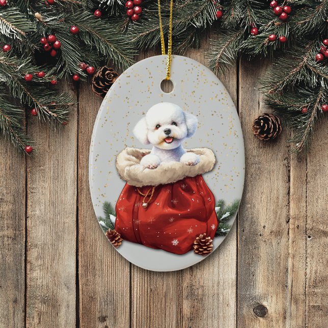 Ornamento De Cerâmica Bichon Frise de Cachorro Bonito Saco de Natal (Criador carregado)