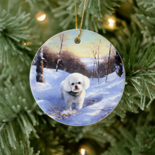 Ornamento De Cerâmica Bichon Frise Deixe-A Neve Natal