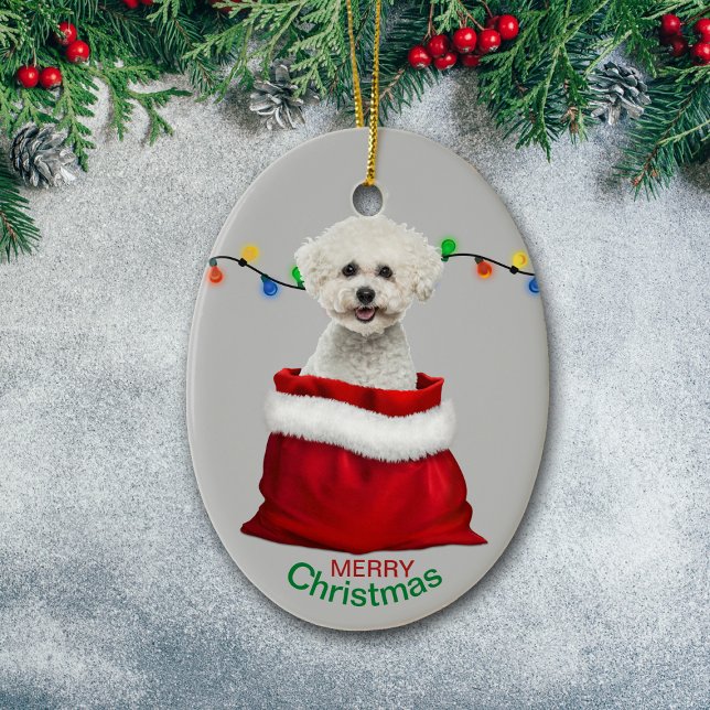 Ornamento De Cerâmica Bichon Frise Dog no Natal do Gift Bag (Criador carregado)