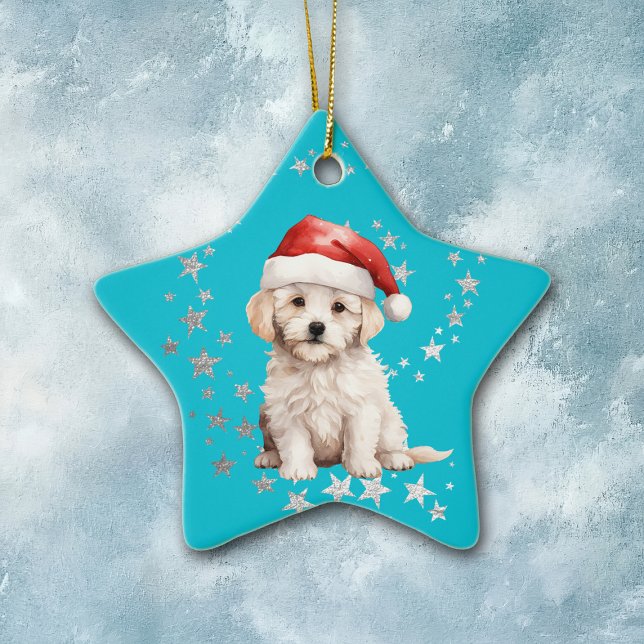 Ornamento De Cerâmica Bichon Frise Dog Silver Stars Azul (Criador carregado)
