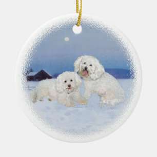 Ornamento De Cerâmica Bichon Frise Noite de Dezembro