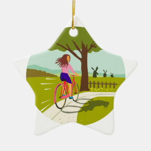 Ornamento De Cerâmica Bicicleta da equitação da menina acima do círcu