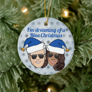 Ornamento De Cerâmica Biden Harris Eleita Texto Azul de Natal Sem Ligaç