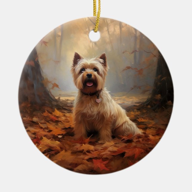 Ornamento De Cerâmica Biewer Terrier no outono deixa cair inspiração (Frente)