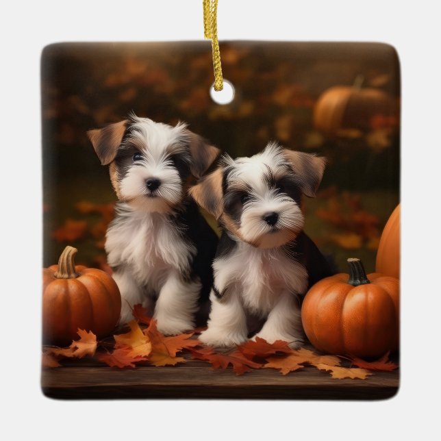 Ornamento De Cerâmica Biewer Terrier Puppy Autumn Delight Pumpkin (Frente)