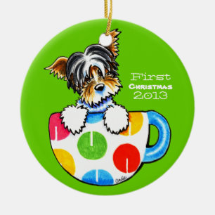Ornamento De Cerâmica Biewer Yorkie - Primeiro Natal Personalizado